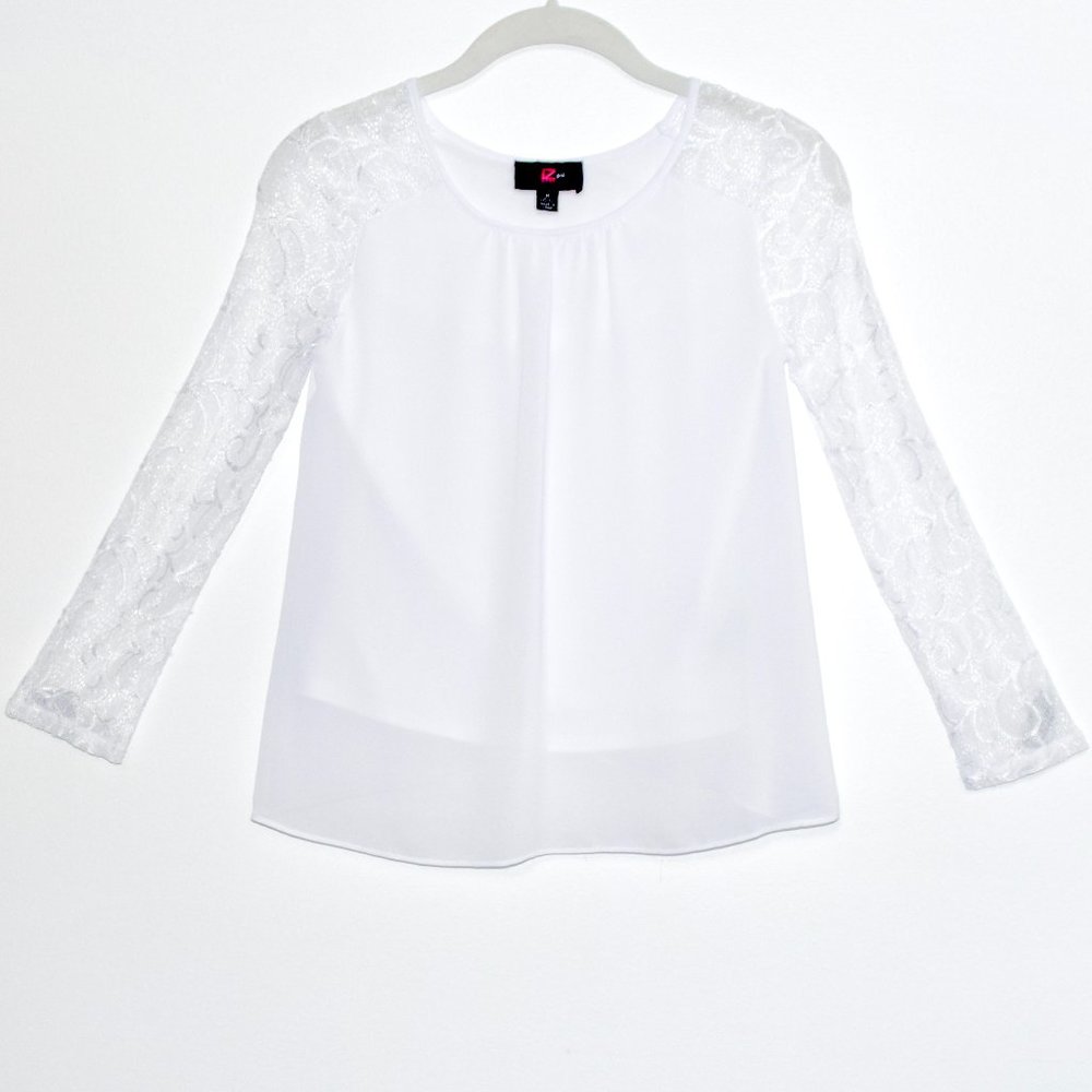 IZ Byer Girl White Flowy Sheer Blouse with Lace Long Sleeves - Medium (1…